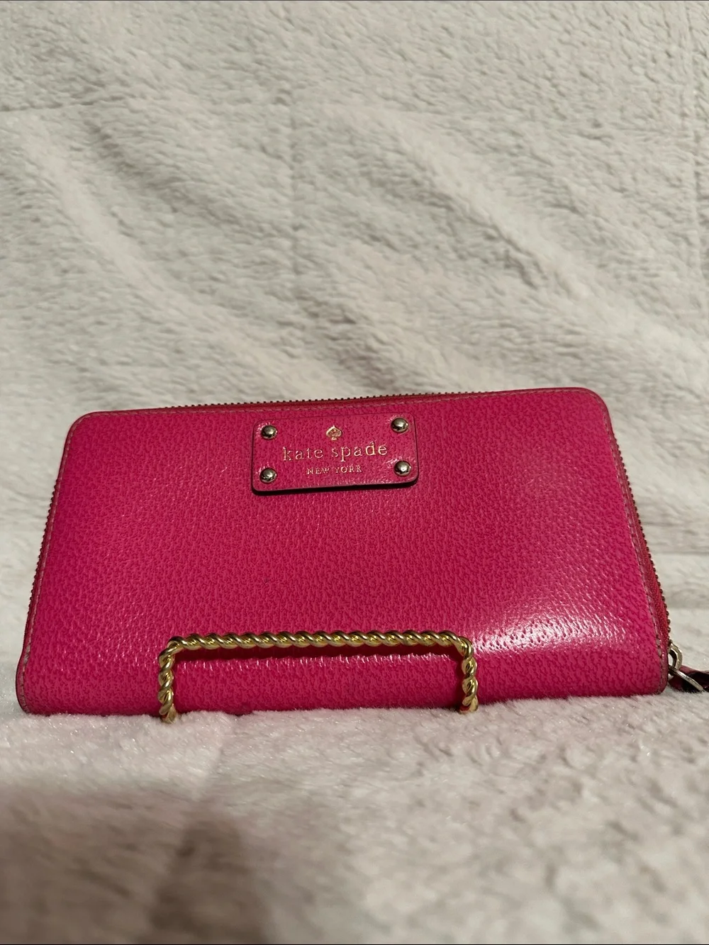 kate spade Hot Pink Zip-Around Pebbled Leather Wallet with Gold Plate